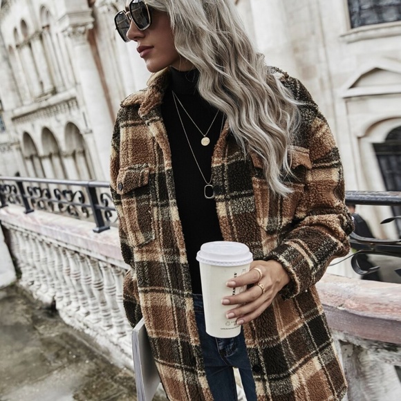 Sherpa plaid brown black button down teddy jacket - Picture 6 of 6